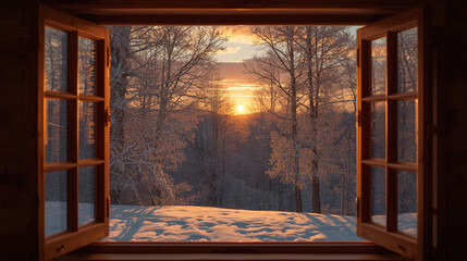 Rustic Window Overlooking Snowy Winter Landscape Sunrise - Cozy Home Interior Nature View