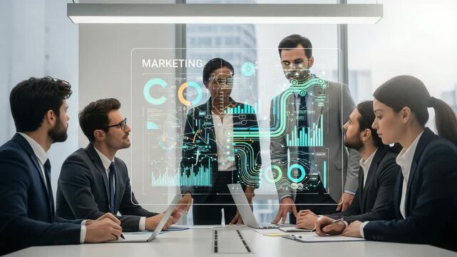 Business team collaborates on marketing strategy using futuristic holographic data visualization - Powered by Adobe