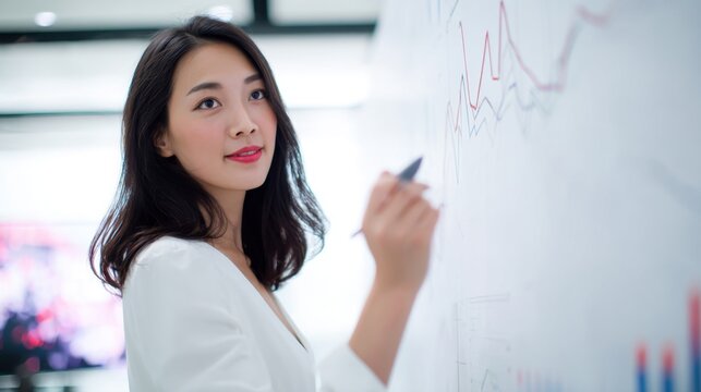 Young asian woman writing on a whiteboard with charts and graphs showing business growth and financial data in a modern office setting - Powered by Adobe