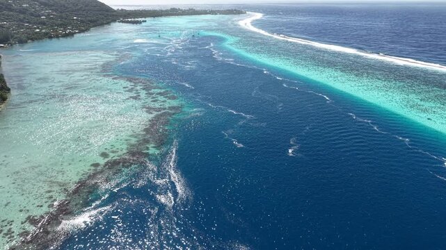 Moorea Island, french Polynesia. Drone Shot of Lagoon, Coral Reefs, Coastline and Natural Barrier