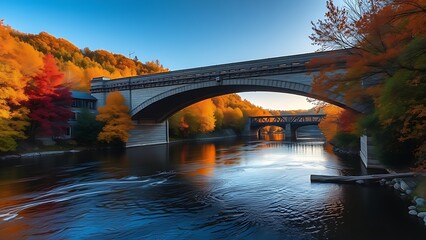 oxbow. Allegheny River flowing under a historic stone bridge with autumn trees and reflections. representing seasonal cycles and harvest abundance.