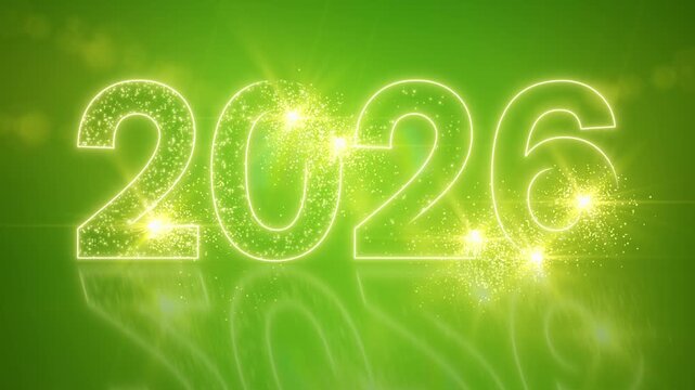 Video animation of abstract neon light with the numbers 2026 on a reflective floor against a green background - represents the new year - vacation concept.
