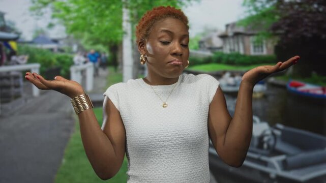 Woman with arms raised shrugging in white sleeveless top by river canal on street; uncertainty doubt hesitation.