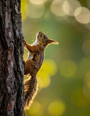 A squirrel clings to a tree trunk, bathed in sunlight