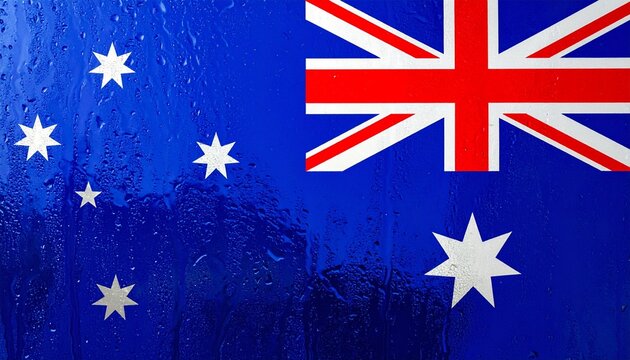 Australia&rsquo;s flag glistens with water droplets, symbolizing resilience, unity, and national identity, reflecting heritage, democracy, and pride under the Southern Cross and Commonwealth Star.