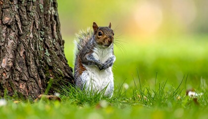 A squirrel stands near a tree in a lush green grassy meadow
