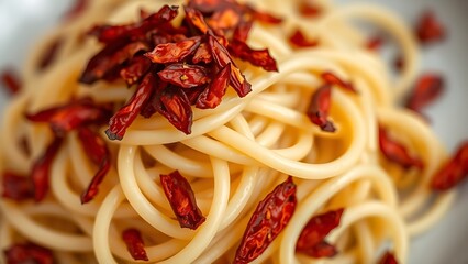 calabrese. Plate of pasta topped with vibrant red flakes of dried Calabrese chili pepper. menu design, packaging mockups, designed for culinary blogs and recipe cards for restaurants.