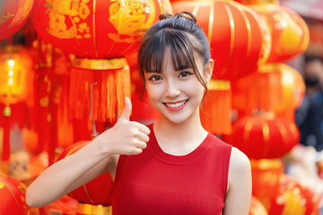 Joyful Asian Woman Giving Thumbs Up Amidst Vibrant Chinese Lanterns