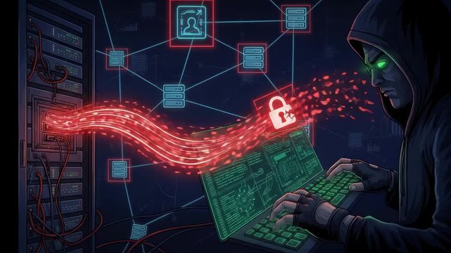 Hacker in a hoodie accessing data from a server rack with glowing red data streams and a broken padlock icon