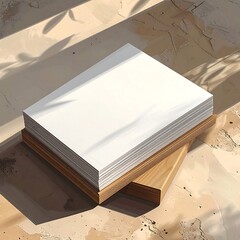 A stack of blank white paper on a wooden block, bathed in sunlight