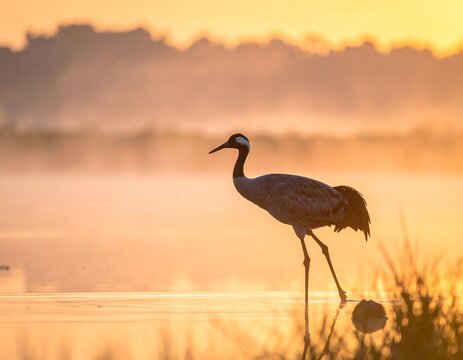 Silhouette of crane wading in water at sunrise, misty background