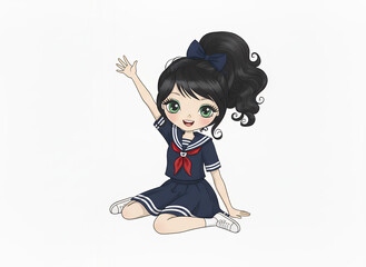 Cheerful Anime Schoolgirl Waving in Sailor Uniform