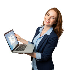 Smiling businesswoman holding a laptop isolated on transparent background