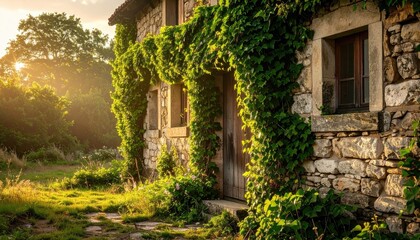 Ancient Stone Cottage Covered in Lush Green Ivy Bathed in Golden Hour Sunlight With Sun Rays Shining Through Trees in the Background
