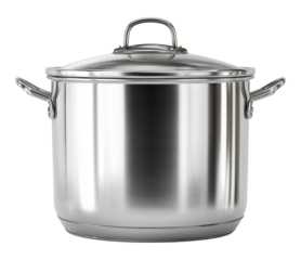 Stainless steel pot with lid and handles, isolated on transparent background