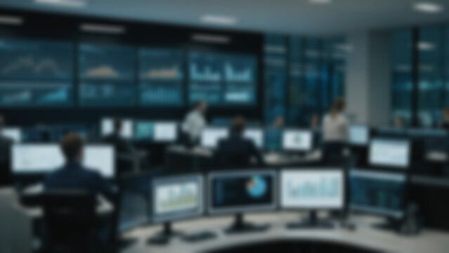 Blurred background of modern office environment featuring multiple screens with financial data, walpaper blur.