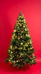 Tall green Christmas tree with warm lights on red