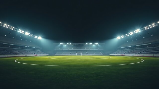 floodlights. Empty football field illuminated by floodlights at night, showcasing stadium architecture with atmospheric fog effects. event key visuals.