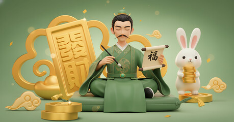 Chinese New Year Prosperity: Calligraphy Master and Lucky Rabbit with Gold Coins