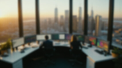 Obraz premium Blurred background of modern office environment featuring multiple screens with financial data, walpaper blur.