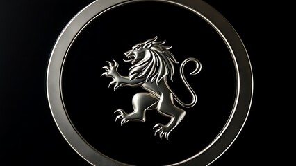 sedition. Polished metal lion emblem isolated on a dark background with a silver metallic sheen. wildlife magazines, conservation campaigns, designed for eco-tourism storytelling.