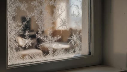 Frosty winter window with beautiful snowflake patterns on the glass.