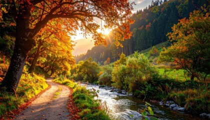 Obraz premium Autumn Forest Pathway Beside A Stream Bathed In Golden Sunlight With Orange And Yellow Leaves Falling From Trees