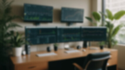 Blurred background of modern office environment featuring multiple screens with financial data, walpaper blur.