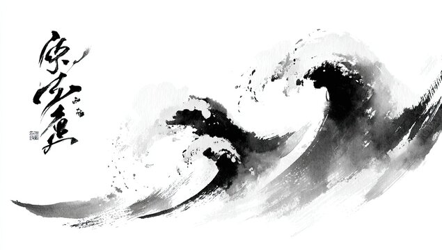Abstract grayscale ink wave painting art