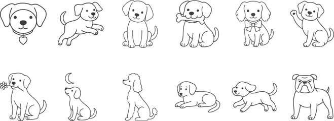 Cute Dog Vector Icon Set Minimal Line Art Puppy Illustrations in Clean Black Outline Style Ai Generated