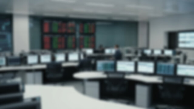 Blurred background of modern office environment featuring multiple screens with financial data, walpaper blur.