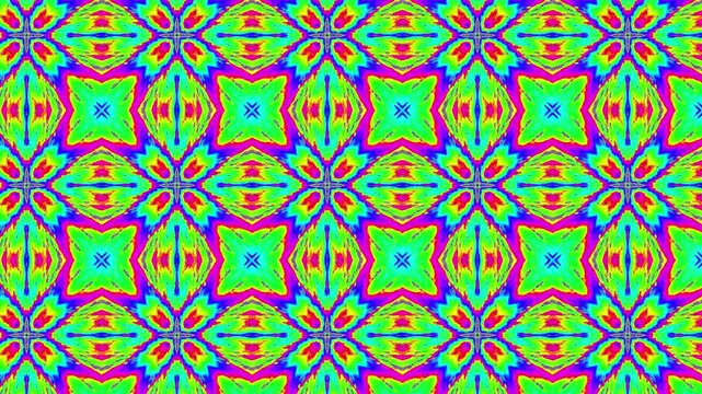 Hypnotic psychedelic kaleidoscope pattern with vibrant neon colors and intricate geometric designs on a dark background.