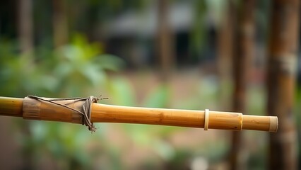 blowpipe. Bamboo blowpipe held in focus against blurred natural background, tribal aesthetic with natural materials. event programs.