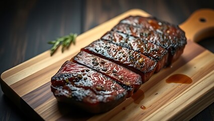 cuttingboard. Juicy steak on rustic cutting board photographed from above with appetizing shallow focus. menu design, packaging mockups, designed for culinary blogs and recipe cards for restaurants.