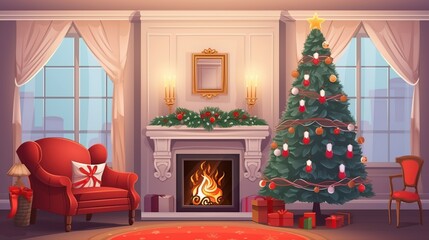 Cozy living room with a roaring fireplace, a decorated Christmas tree, and comfortable seating, evoking a m holiday atmosphere