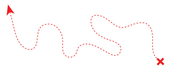 Treasure map element. A dashed arrow line and red X mark ink on the map, the treasure map with a dotted line. curved Dashed outline arrows set. 