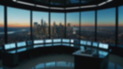 Fototapeta premium Blurred background of modern office environment featuring multiple screens with financial data, walpaper blur.