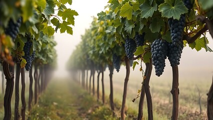 foolishness. Misty vineyard with rows of grapevines and heavy purple grapes in soft morning fog. gardening catalogs, home-decor guides, designed for home decor and floral branding, used by teachers.