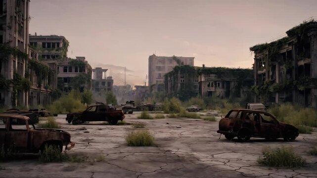 Rusted, derelict cars litter overgrown parking lot under warm, hazy sky. Vegetation pushes through cracked asphalt, slowly consuming these metallic relics of bygone era. Tranquil yet eerie landscape
