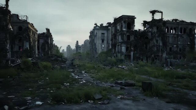Nature reclaims abandoned urban street in serene yet melancholic view. Green weeds and wild grasses overgrow cracked pavement between decaying, vine-covered buildings. Quiet scene life's persistence