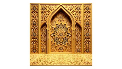 An ornamental color 3D Islamic background. Ornate golden architectural wall featuring intricate Islamic geometric patterns.