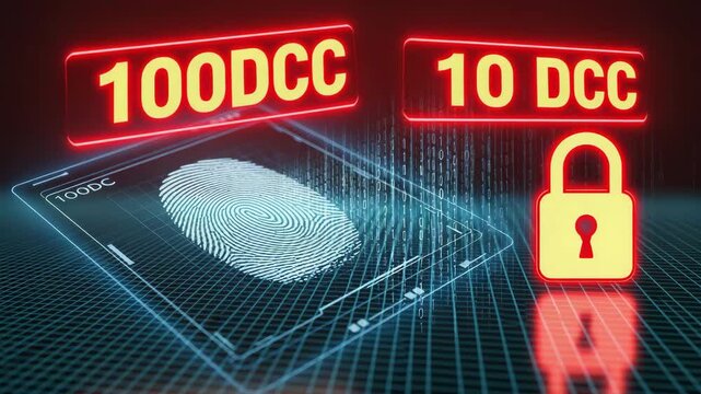 Digital security concept with fingerprint scan and binary code, highlighting 100dcc and 10 dcc