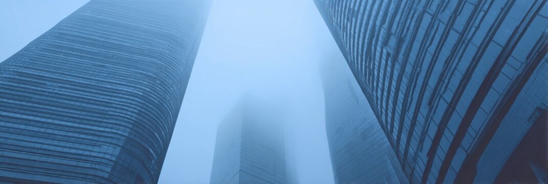 Skyscrapers rise dramatically through a thick fog, creating a mysterious atmosphere in a contemporary city during a serene morning.
