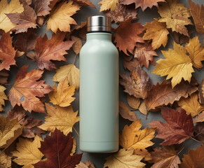 A reusable water bottle lies on a bed of colorful autumn leaves, symbolizing sustainability and nature.