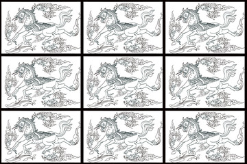 Design a horse pattern fabric decorated with Thai patterns.