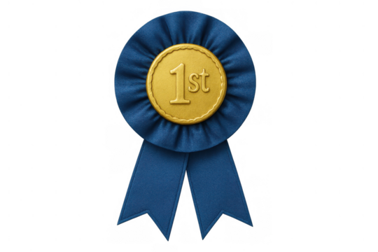 Blue ribbon award for first place winner showing success, achievement, victory, and excellence on transparent background