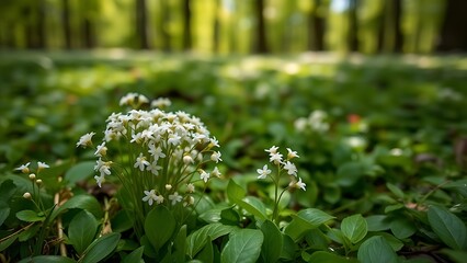 woodruff. Cluster of delicate white woodruff flowers on a forest floor with dappled sunlight. gardening catalogs, home-decor guides, designed for home decor and floral branding.