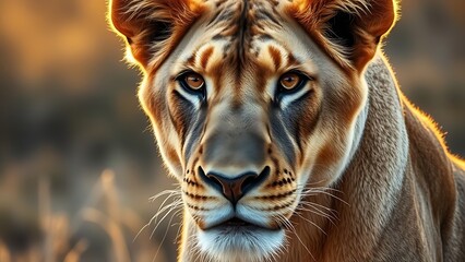 bigcat. A lioness stares intensely, her golden fur glowing under the warm savanna sunlight. wildlife magazines, conservation campaigns, designed for nature documentaries and education.