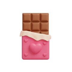 A delectable 3D illustration of a milk chocolate bar in a romantic pink wrapper adorned with hearts, symbolizing a sweet gesture of love for Valentine's Day
