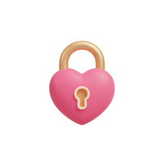 A realistic 3D illustration of a pink heart padlock with a shiny golden shackle, representing the concept of locked love, commitment, and romantic secrets